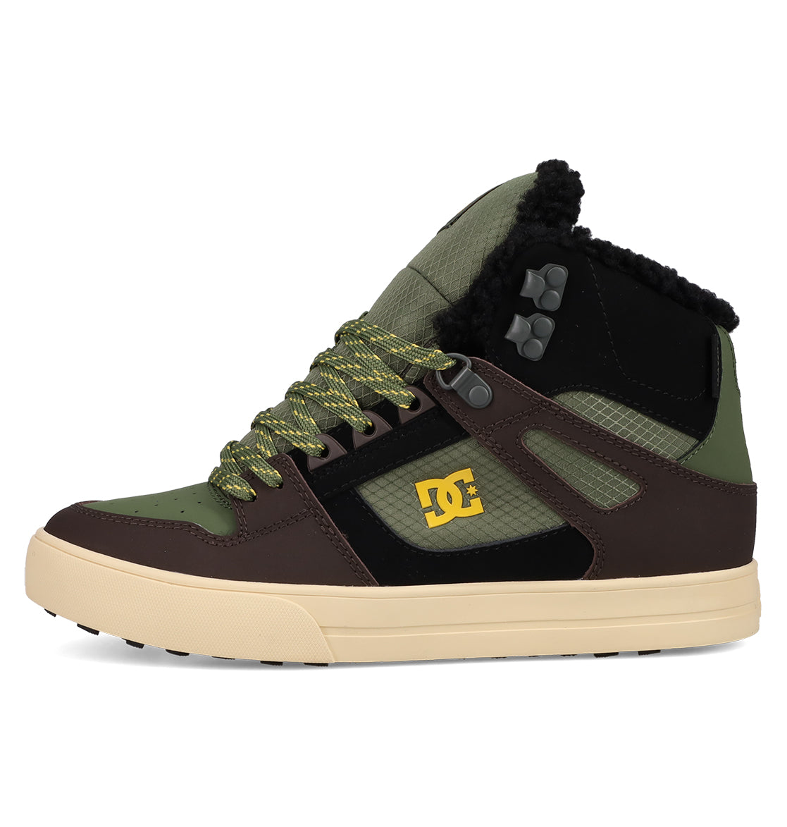 The Men's Pure High Top WC Shoes by DC Shoes feature green, brown, and black panels, yellow logo, green/yellow laces, a black padded collar, and beige sole. These high-tops offer rugged style with a vintage outdoor-inspired design.