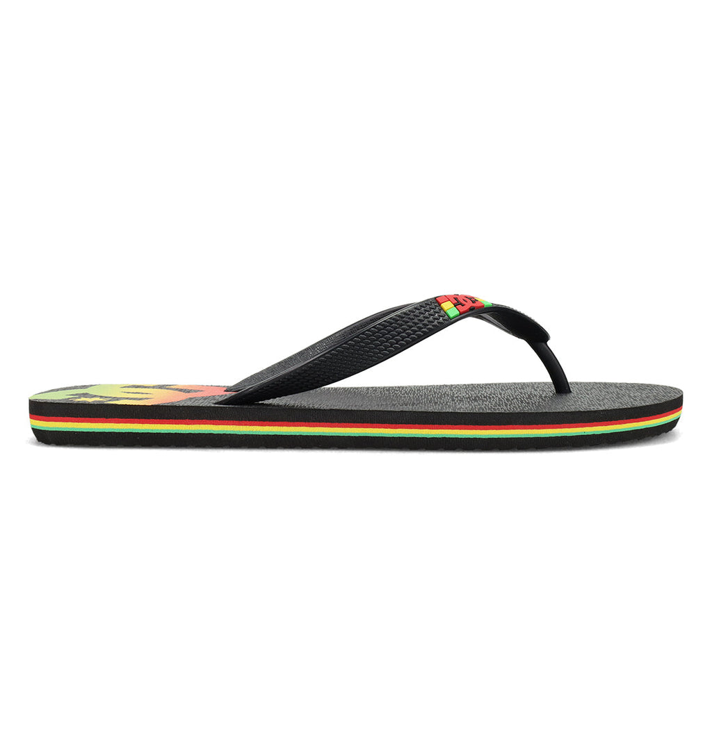 Introducing the Men’s Spray Slides from DC Shoes—black flip-flop sandals featuring red, yellow, and green stripes along the sole and a textured black strap. These must-have slides are perfect for slipping on after a long skate session.