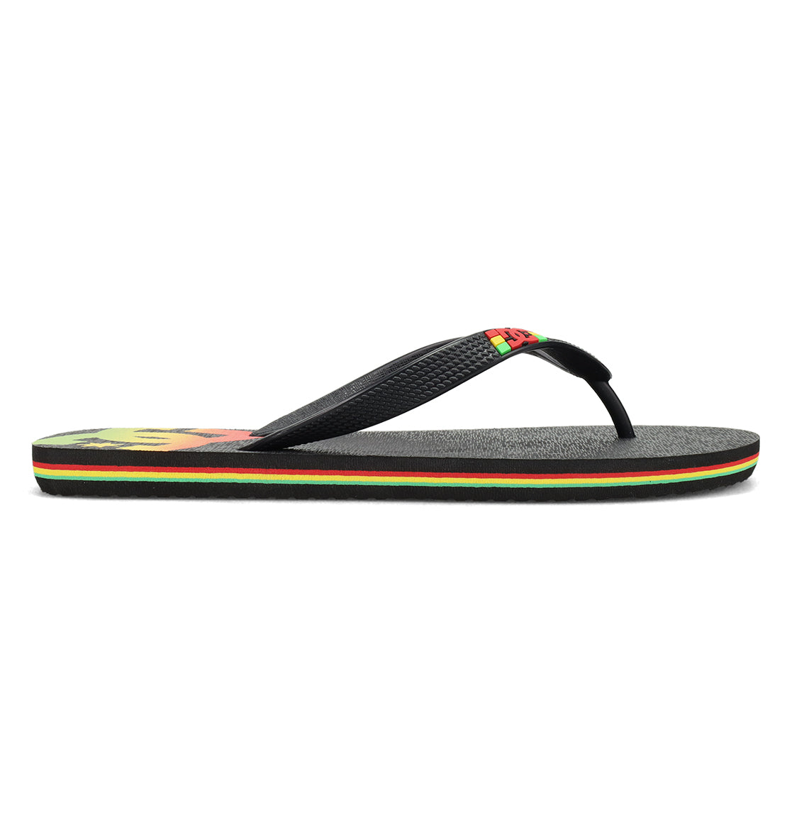 Introducing the Men’s Spray Slides from DC Shoes—black flip-flop sandals featuring red, yellow, and green stripes along the sole and a textured black strap. These must-have slides are perfect for slipping on after a long skate session.