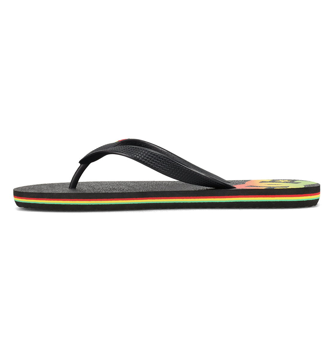 The Men’s Spray Slides by DC Shoes feature a black design with a textured strap, multicolored sole stripes in red, yellow, and green, and a partial yellow-red graphic on the heel—perfect for slipping on after a skate session or for casual everyday comfort.