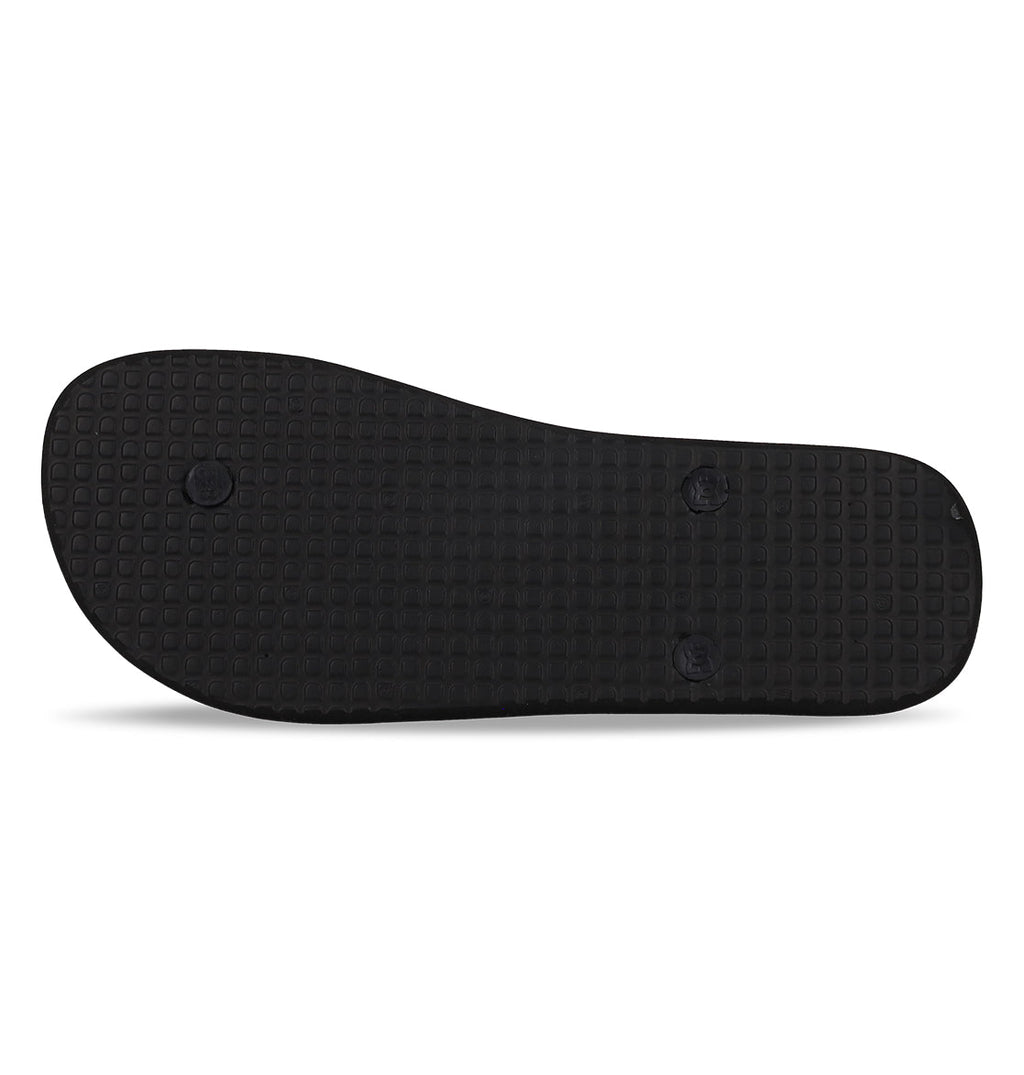 Men’s Spray Slides by DC Shoes feature a black rubber sole displayed flat, showcasing a textured grid pattern and three visible circular plug attachments—making these slides an essential choice for comfort after an intense skate session.