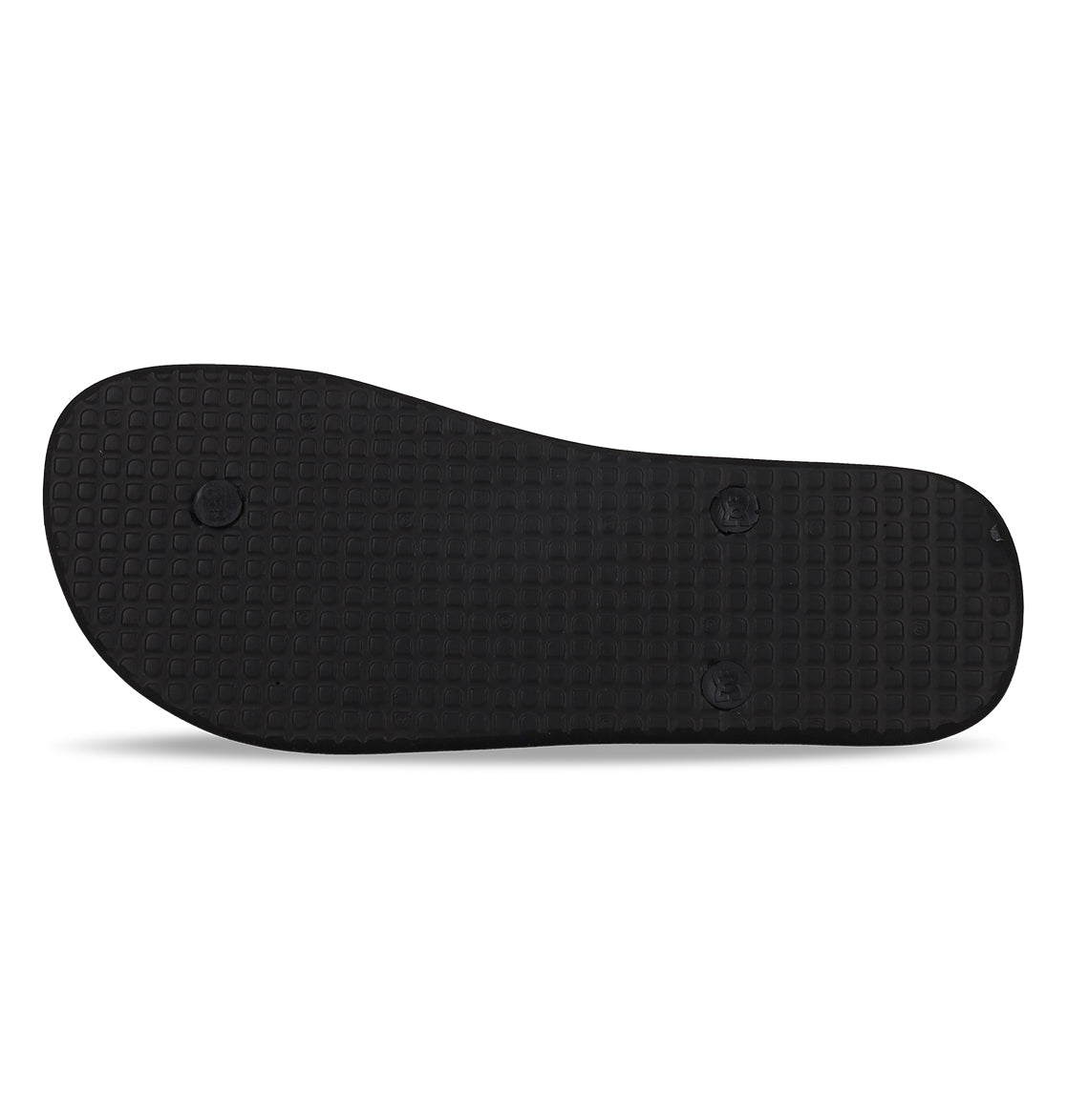 Men’s Spray Slides by DC Shoes feature a black rubber sole displayed flat, showcasing a textured grid pattern and three visible circular plug attachments—making these slides an essential choice for comfort after an intense skate session.