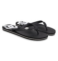 A pair of Men’s Spray Slides from DC Shoes, featuring black straps and a white DC Shoes logo on the footbed, these essential slides are perfect for relaxing after a skate session and are showcased on a clean white background.