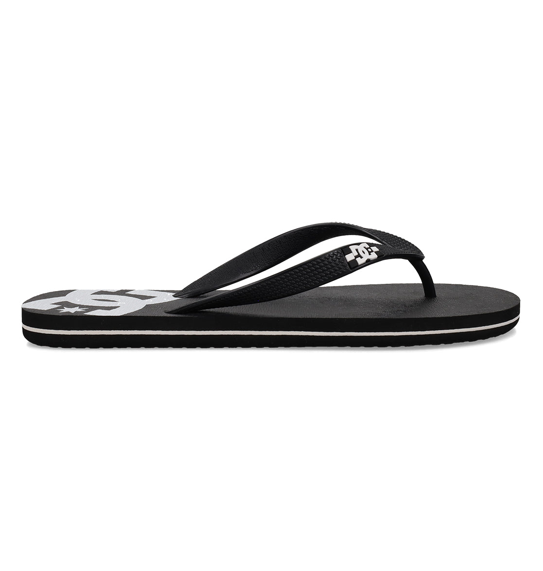 Men’s Spray Slides by DC Shoes, featuring a black flip-flop design with textured black straps, a white DC Shoes logo on the sole, and a thin white stripe along the edge—shown in a side profile view, these slides are perfect for your next skate session or laidback style.