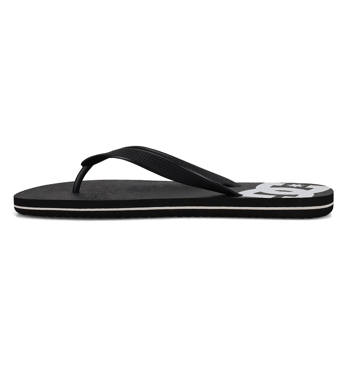A must-have pair of Men’s Spray Slides by DC Shoes, featuring a black design with a white DC logo on the footbed, viewed from the side against a plain white background—perfect for slipping on after your next skate session.