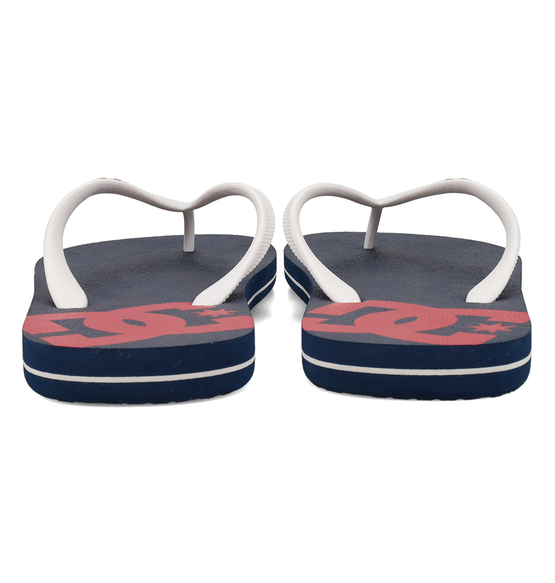 A pair of navy blue DC Shoes Men's Spray Slides with white straps, seen from the back. The footbeds have a large red logo, partly visible—must-have slides for everyday comfort.