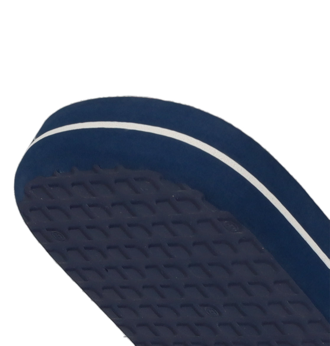 Close-up of the sole of DC Shoes Men's Spray Slides in navy blue, featuring a white side stripe and textured tread—ideal for your next skate session.