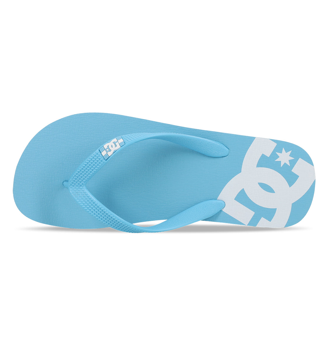 A single Men's Spray Slide by DC Shoes in light blue, with a white DC Shoes logo and star on the footbed, viewed from above against a white background—ideal for post-skate comfort.