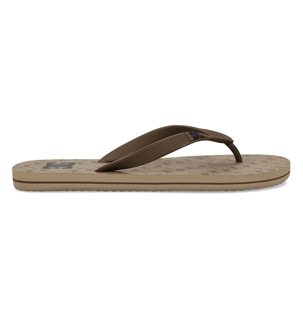 The DC Shoes Men's Spray Graffik Slides are brown flip-flop sandals with a textured sole and thong strap, shown in side profile on a white background—perfect slides for any skate session.