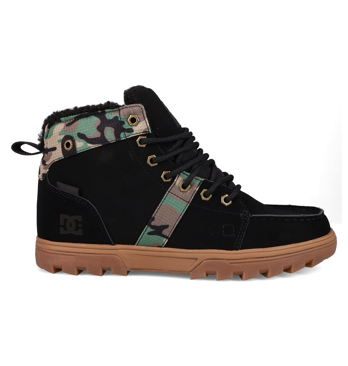 Stay warm in DC Shoes Men's Woodland Winter Boots—black and brown rugged sneaker boots with a camouflage ankle, gold eyelets, black laces, sherpa lining, and tan treaded rubber soles.
