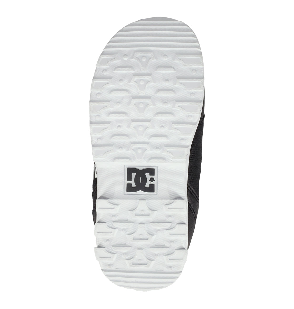 The image shows the white sole of a Kids’ Scout Snowboard Boot by DC Shoes, featuring a textured pattern and the black DC Shoes logo near the heel, designed to provide support and comfort for an active lifestyle.