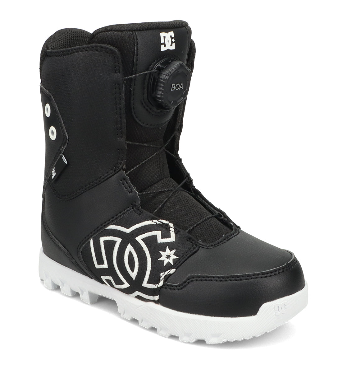 DC Shoes Kids’ Scout Snowboard Boots in black and white feature a thick sole, side logo, and a BOA dial closure system on the tongue. Specifically designed for young riders, these boots offer excellent support, comfort, and a secure fit. The boot is shown standing upright against a white background.