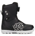 Introducing the Kids’ Scout Snowboard Boots by DC Shoes—these black boots feature a bold white DC logo, black laces, and a durable white rugged sole. Designed with a high ankle profile and an easy-to-use side fastening system, they offer enhanced support and comfort for young riders.