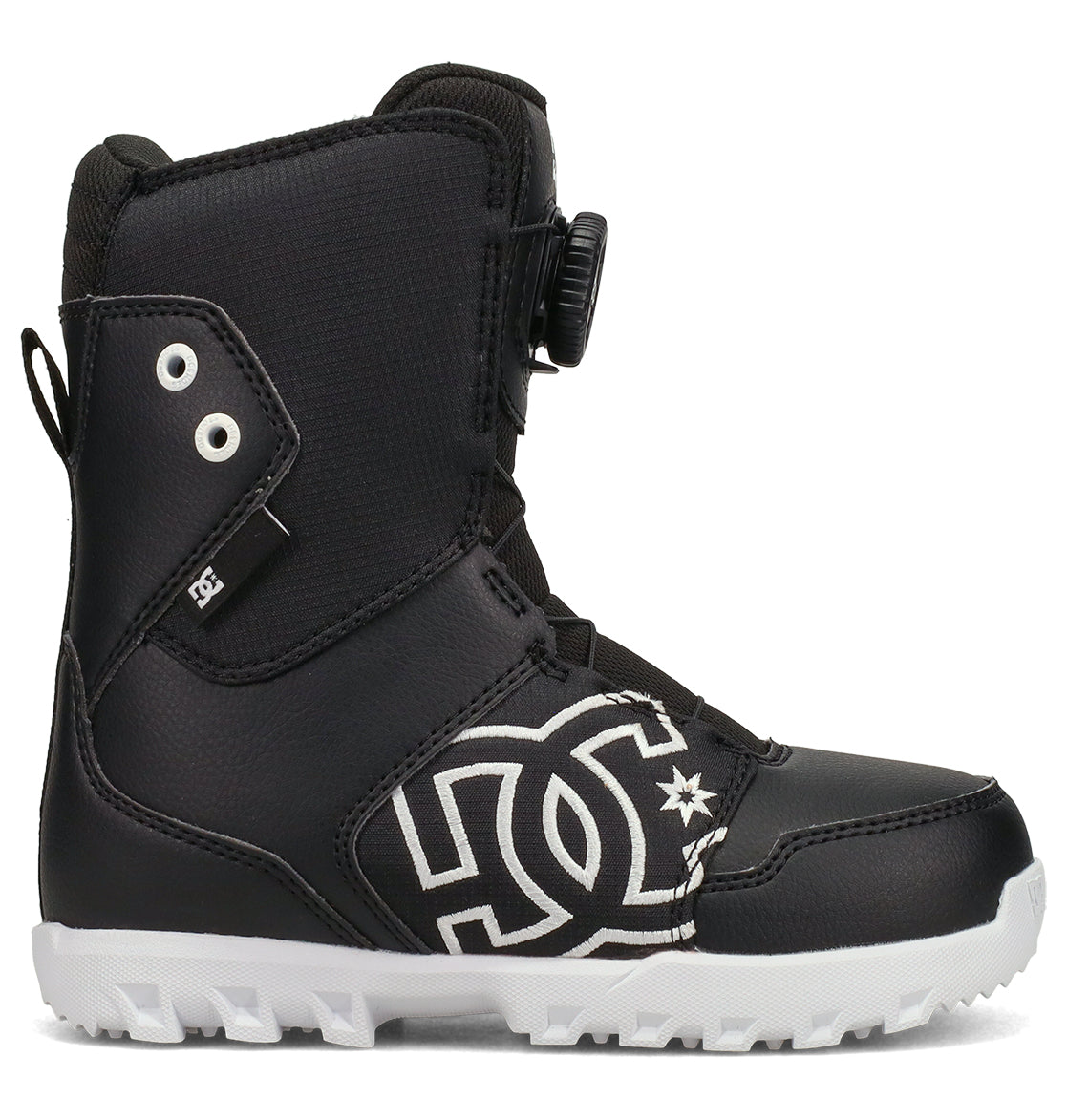 Introducing the Kids’ Scout Snowboard Boots by DC Shoes—these black boots feature a bold white DC logo, black laces, and a durable white rugged sole. Designed with a high ankle profile and an easy-to-use side fastening system, they offer enhanced support and comfort for young riders.