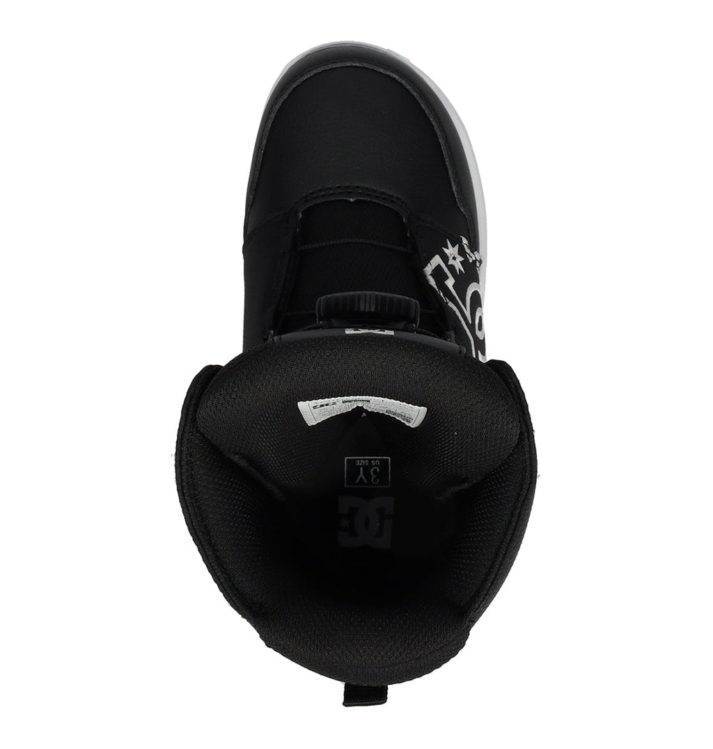 Top view of the DC Shoes Kids’ Scout Snowboard Boot in black, featuring a visible size 3Y label inside and a white graphic on the side near the laces. Designed for a secure, supportive fit and comfort—just like high-performance snowboard boots for kids.