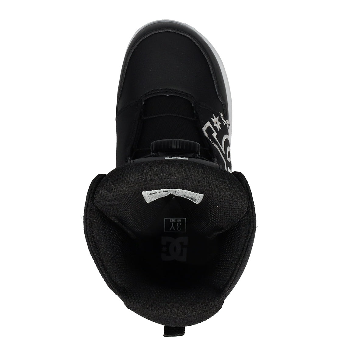 Top view of the DC Shoes Kids’ Scout Snowboard Boot in black, featuring a visible size 3Y label inside and a white graphic on the side near the laces. Designed for a secure, supportive fit and comfort—just like high-performance snowboard boots for kids.