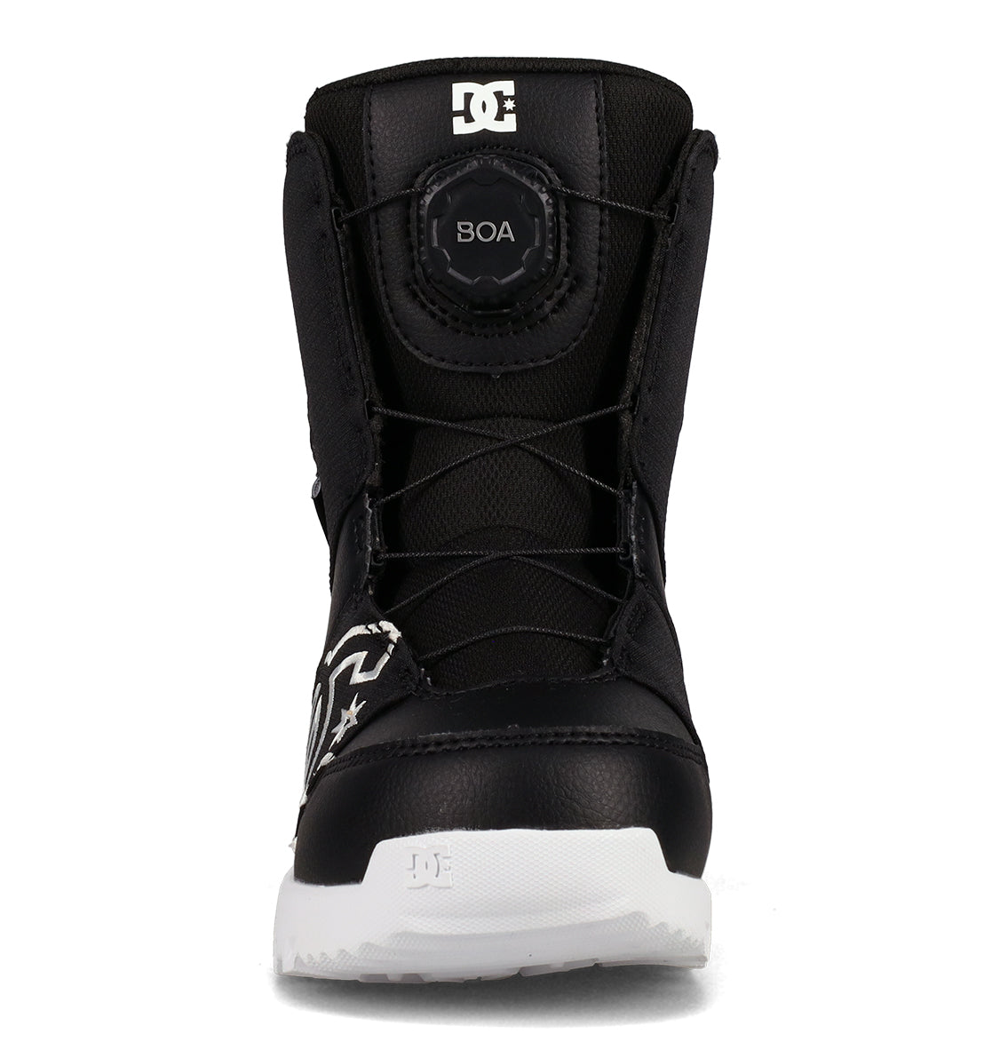 Front view of the DC Shoes Kids’ Scout Snowboard Boot in black with a white sole, featuring a BOA tightening system on the tongue for a secure fit, support, and comfort. The boot showcases a white DC logo near the toe and on the tongue.