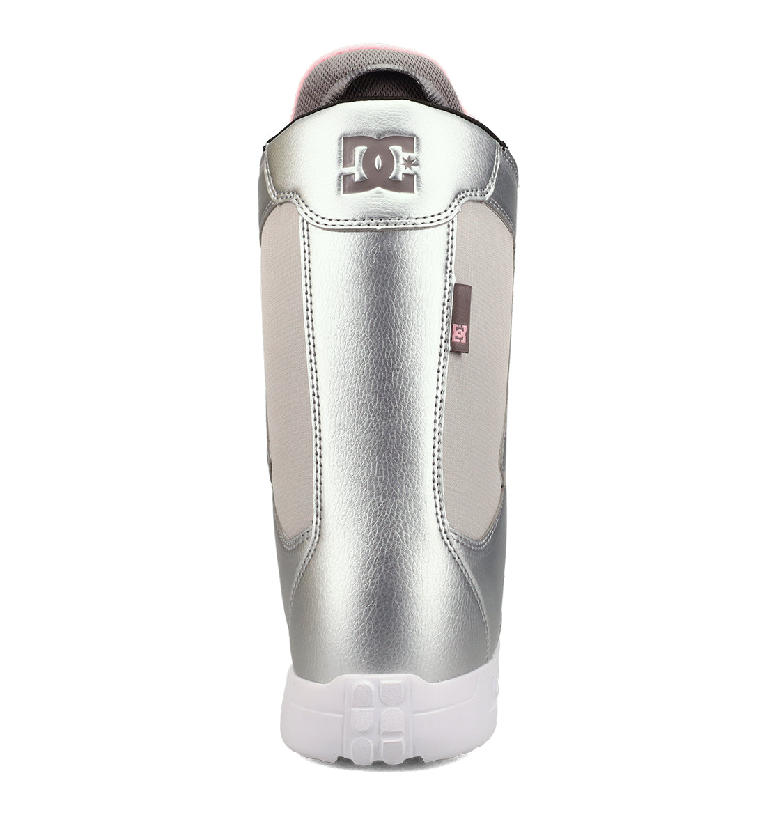 A metallic silver and white DC Shoes Women’s Phase BOA® Snowboard Boot viewed from the back, featuring the DC logo on the heel, a white sole, and supportive IMPACT-ALG insoles for enhanced comfort.