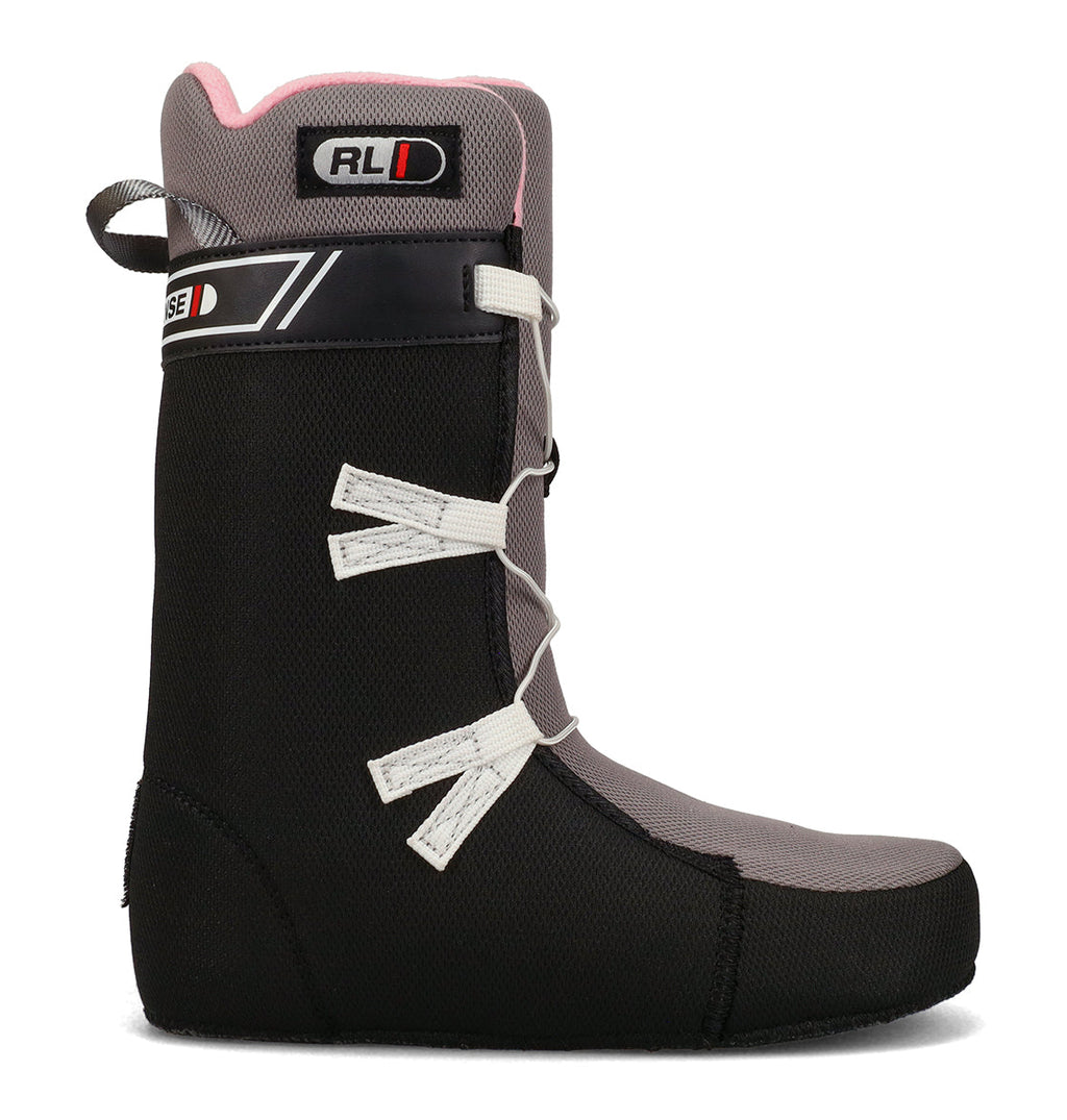 A gray and black women’s Phase BOA® snowboard boot from DC Shoes, featuring white laces, a black sole, and a convenient heel pull loop. The liner is marked with RL and has a red-striped label near the top, while IMPACT-ALG insoles deliver enhanced comfort for every ride.