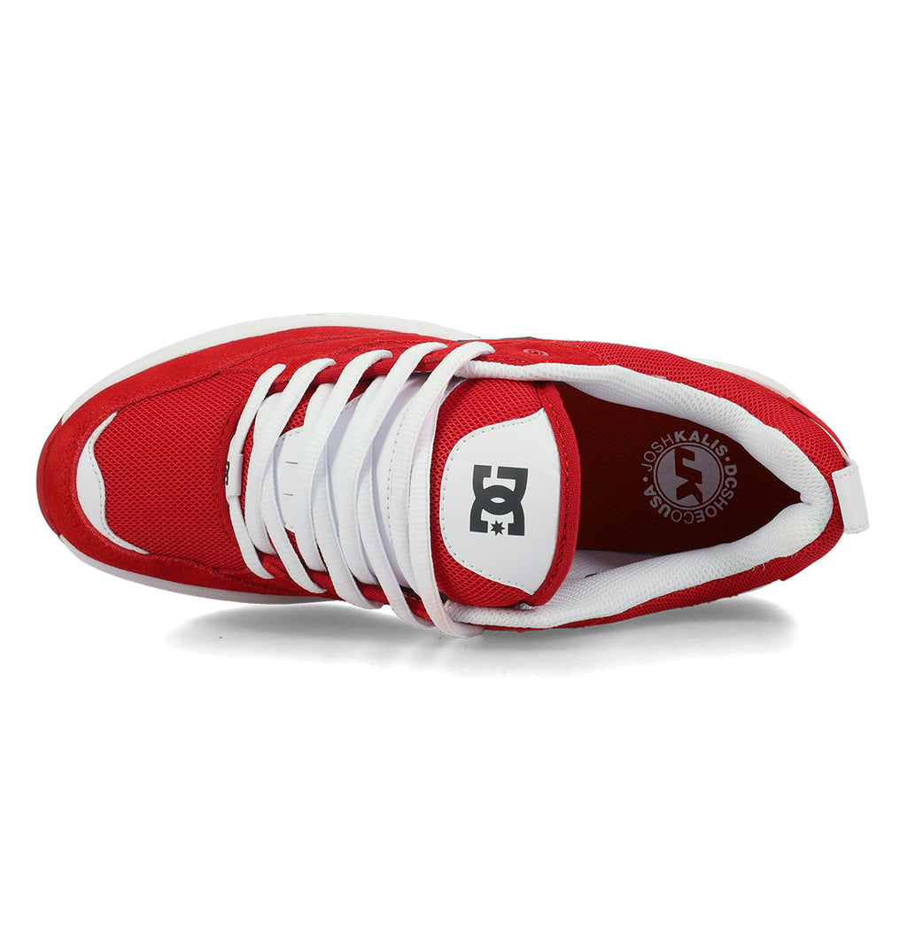 Men’s Ascend Skate Shoe by DC Shoes in red and white, shown from above, features white laces, a white tongue with a black DC logo, and a white interior lining—fusing Josh Kalis-inspired design with contemporary comfort while honoring the classic DC Shoes heritage.