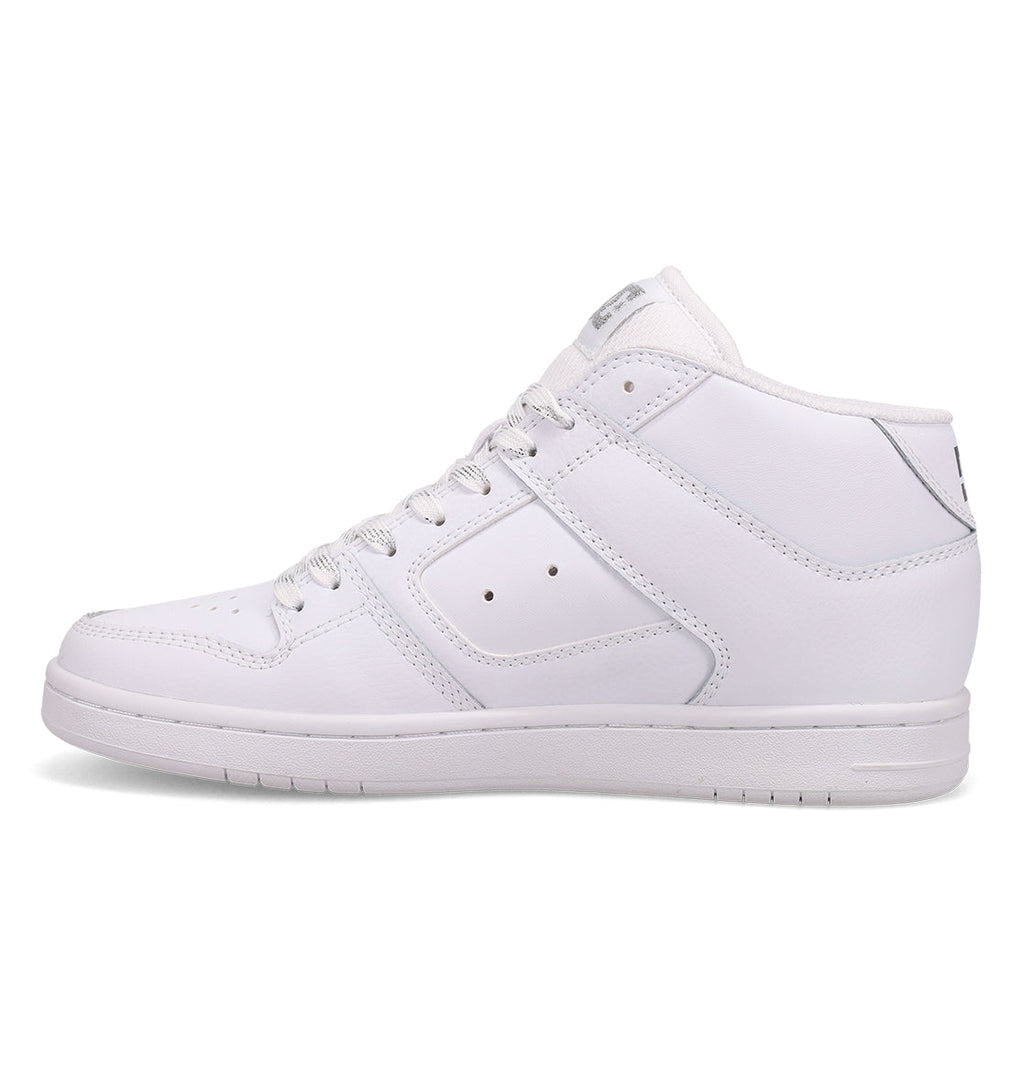 A side view of the DC Shoes Women’s Manteca 4 Hi High-Top Shoes in white showcases the mid-top design, featuring white laces, detailed stitching, side perforations, and a flat sole that emphasizes its performance-inspired style.