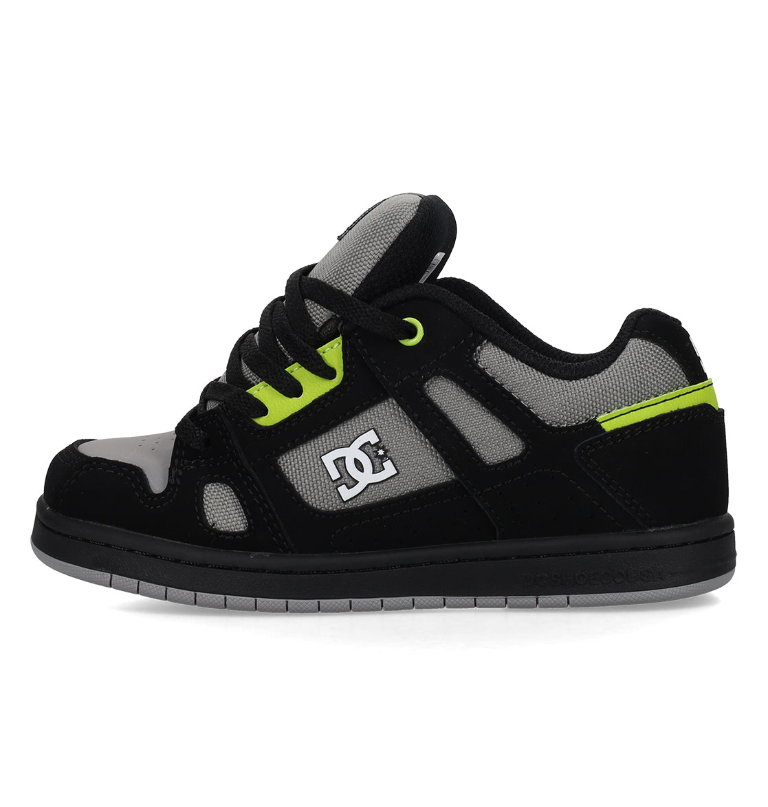 The Kids’ Stag Shoes by DC Shoes feature a black, gray, and neon green design with the signature DC Shoes logo on the side, black laces, and a thick rubber sole—the minimal silhouette makes them an ideal choice for everyday wear.