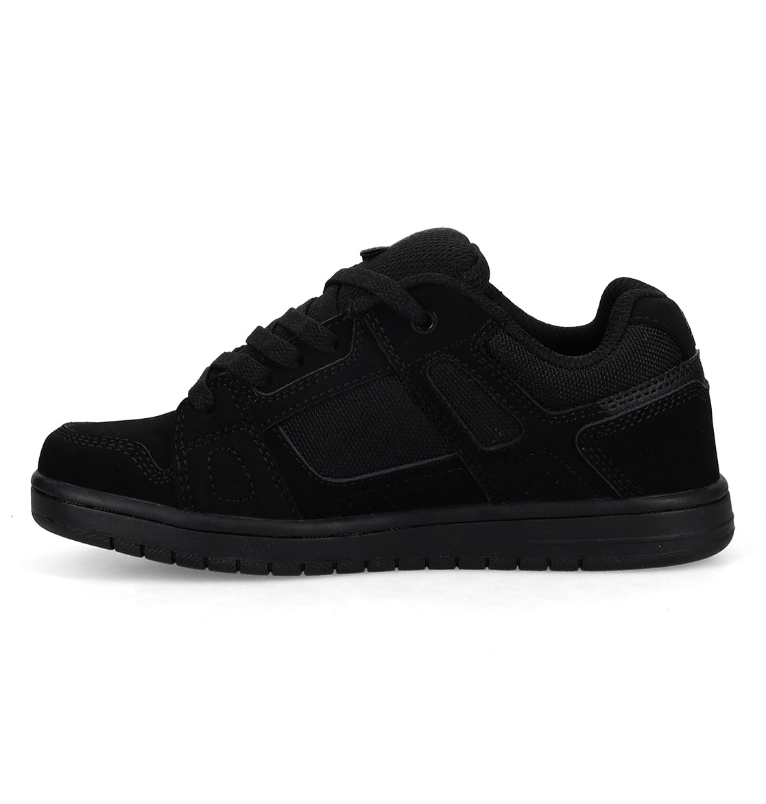 The DC Shoes Kids’ Stag Shoes are black athletic sneakers with a durable cupsole, mesh and suede-like panels, and black laces, shown in a side profile view on a plain white background.