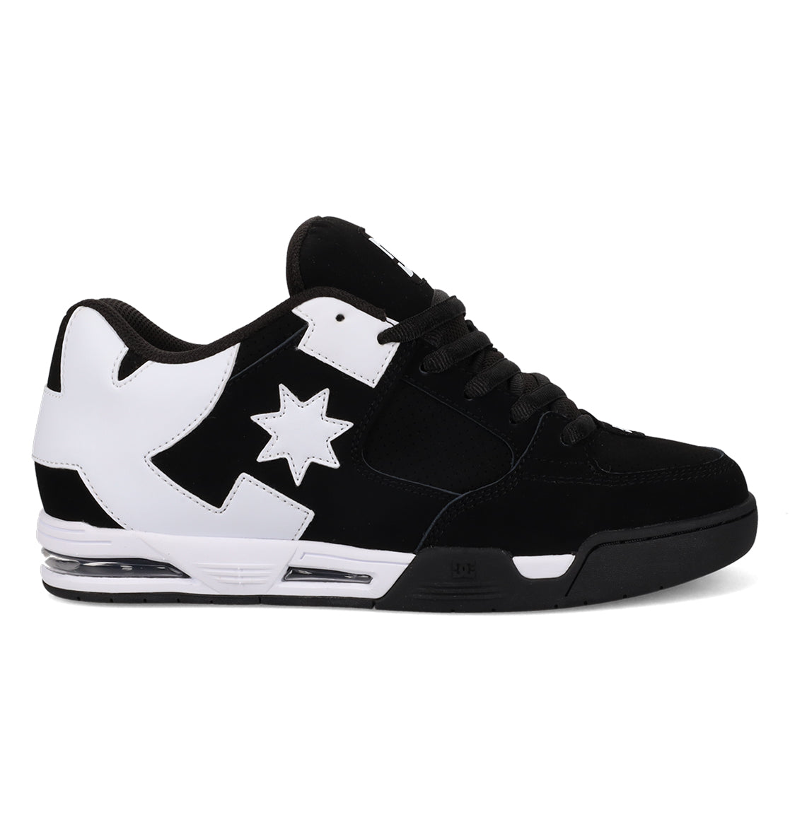 The Men’s Command Shoes from DC Shoes feature a black and white design with a white star accent on the side, black laces, a padded collar, and a chunky black-and-white sole—delivering classic DC bulk and signature cushioning for all-day comfort.
