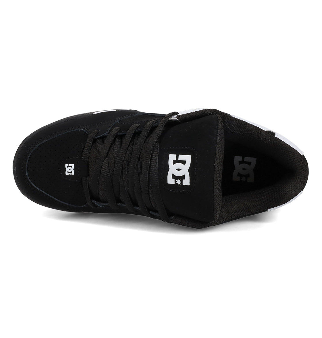 Top view of the Men’s Command Shoes by DC Shoes in black, featuring black laces and a white DC Shoes logo on the tongue, highlighting the classic bulk and signature cushioning of the Command silhouette, set against a plain white background.