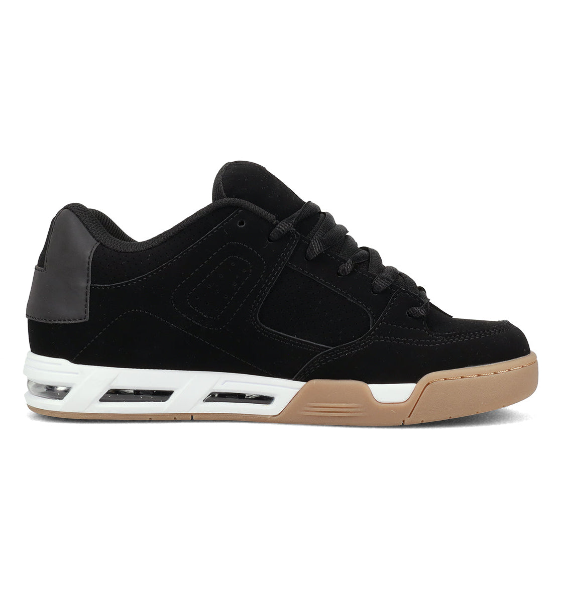 Certainly! Here’s the rewritten sentence using the provided product data: The Men’s Command Shoes by DC Shoes feature a black low-top design with matching black laces, a brown rubber sole, white midsole accents, and distinctive signature cushioning at the heel—showcasing the classic DC bulk when viewed from the side.