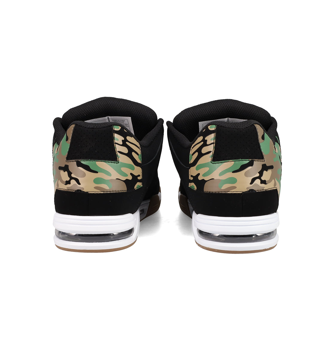 Back view of Men's DC Command Shoes by DC Shoes, featuring black uppers with green, brown, and tan camouflage on the heel, white midsoles, and visible air cushioning—a street-ready skate-inspired sneaker.