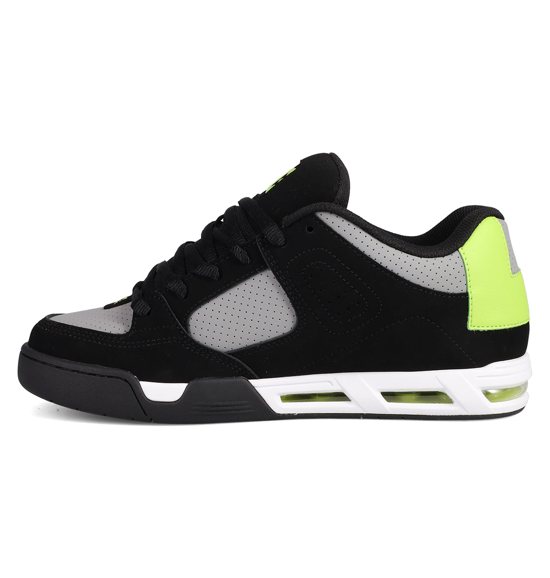 The Men's DC Command Shoes by DC Shoes feature a black and gray design inspired by the original, with perforated details, neon green heel and tongue accents, a white midsole with visible air cushioning, and a durable black outsole.