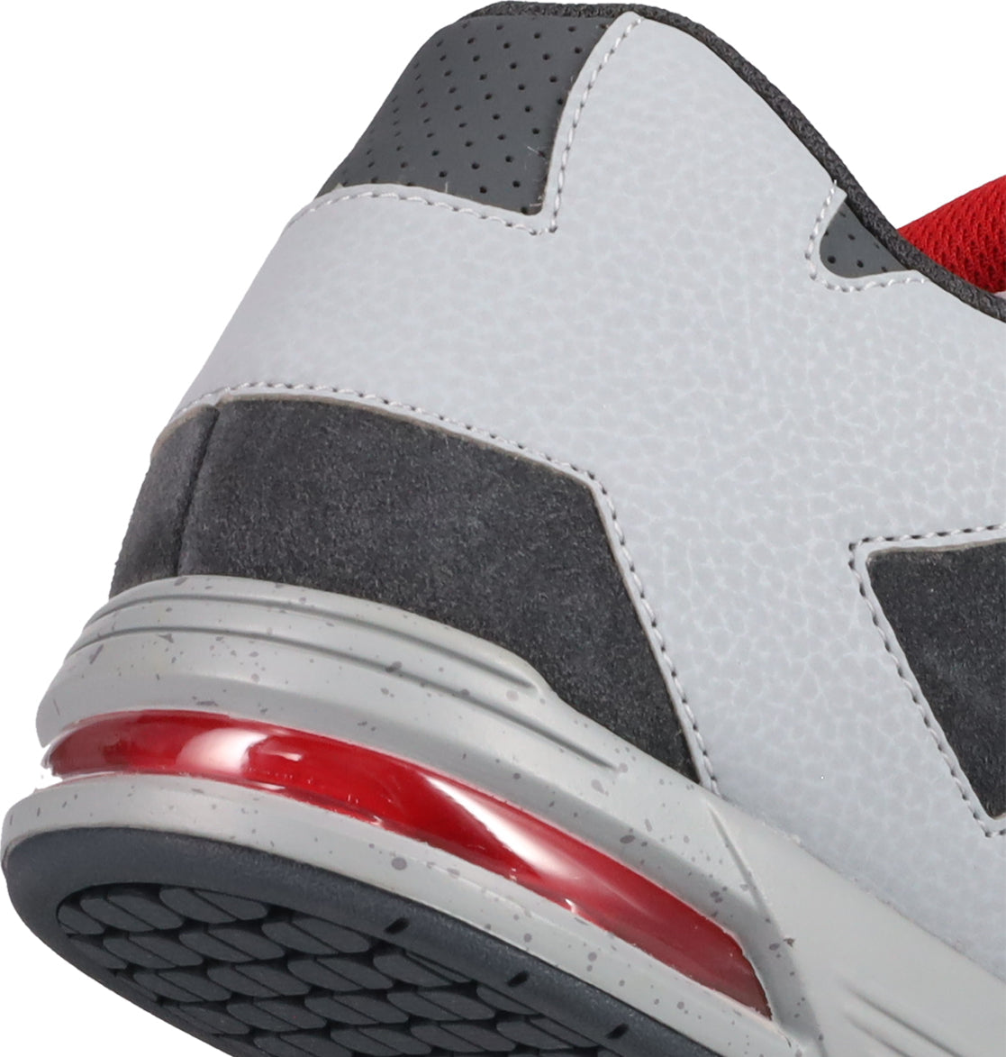 Close-up of the heel of the Men's DC Command Shoes by DC Shoes, showcasing gray and white textures, a red mesh detail, transparent red sole strip, and black tread pattern that highlights their skate-inspired street style.