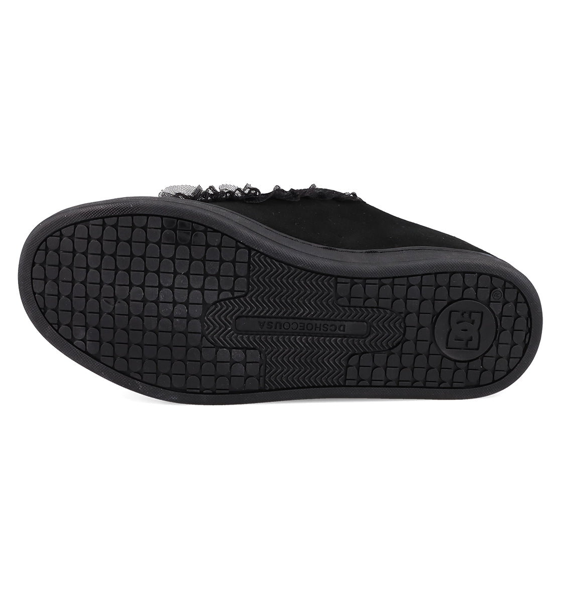 The image displays the black rubber sole of the DC Shoes Women's Court Graffik SD, featuring a textured grip pattern and embossed logos near the heel and center to complement its suede upper and signature puffy style.