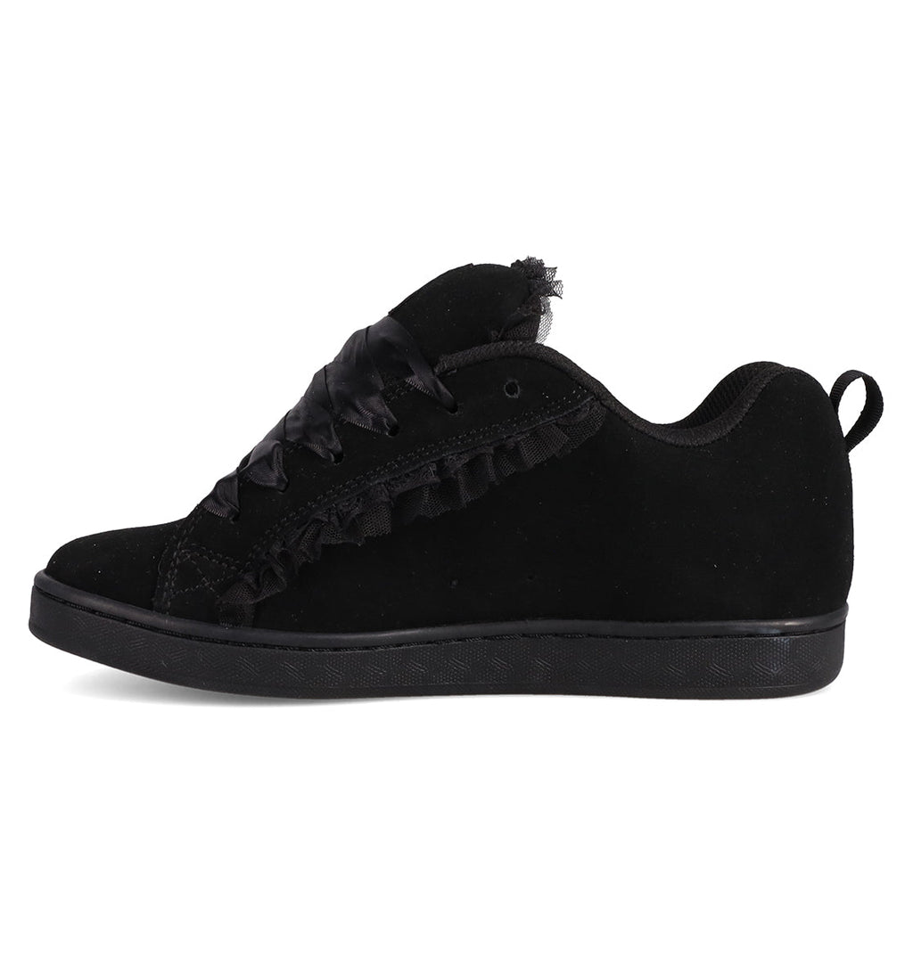 The Women's Court Graffik SD Shoes by DC Shoes feature a black suede upper, flat sole, black ribbon laces, and ruffled side trim—delivering a puffy silhouette that elevates any look.
