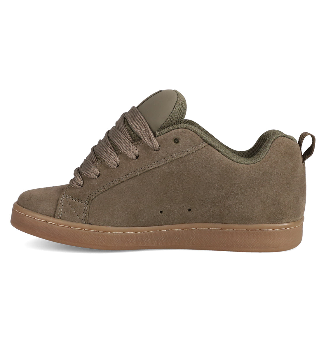 The DC Shoes Women's Court Graffik SD features brown suede, matching laces, a padded tongue and collar, subtle stitching, and a tan rubber sole. Shown from the side on a white background.