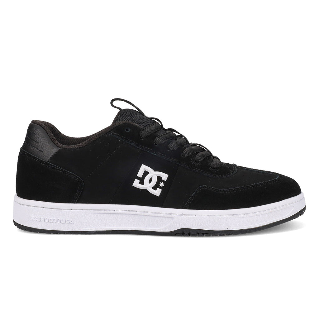 The DC Shoes Men’s Astrix Shoes are black skate shoes featuring a white logo and accents, flat black laces, and a white rubber sole. Shown in side profile against a plain white background, these shoes are crafted for street skateboarding and engineered to provide optimal board control.