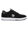The DC Shoes Men’s Astrix Shoes are black skate shoes featuring a white logo and accents, flat black laces, and a white rubber sole. Shown in side profile against a plain white background, these shoes are crafted for street skateboarding and engineered to provide optimal board control.