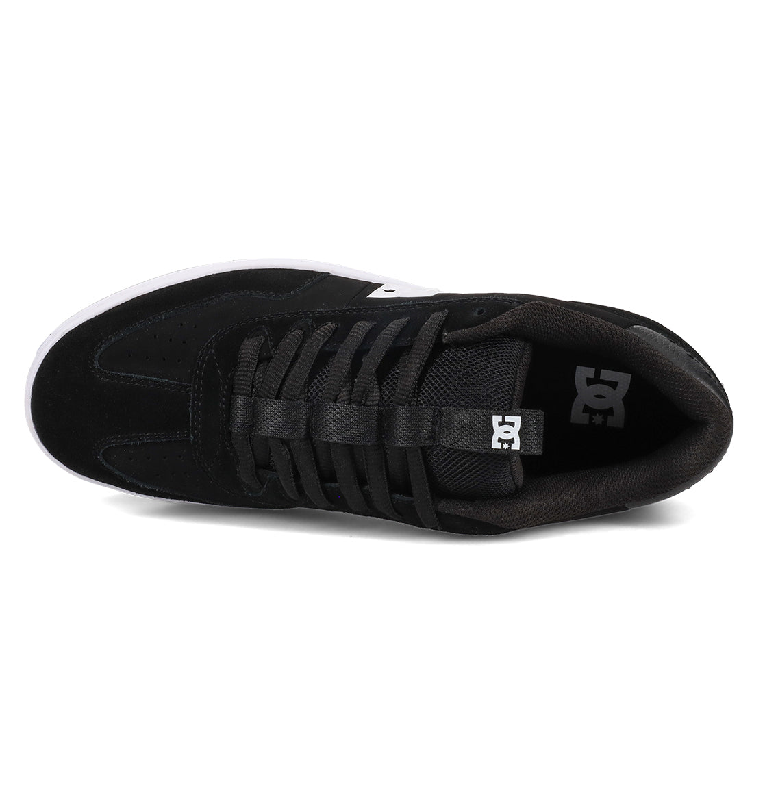 Top view of the Men’s Astrix Shoe by DC Shoes in black, featuring black laces, a white sole, and a small logo tag on the tongue. Designed for superior board control during street skateboarding sessions, the insole displays a white DC logo near the heel.