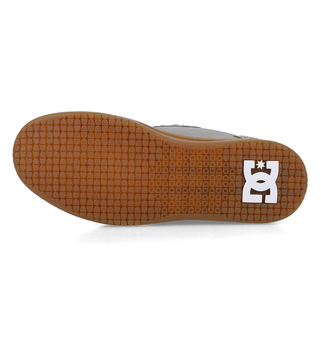 The image displays the gum rubber sole of the Men’s Astrix Shoes by DC Shoes, featuring a grid tread pattern for optimal board control and a white DC Shoes logo near the heel—making them an ideal choice for street skateboarding.