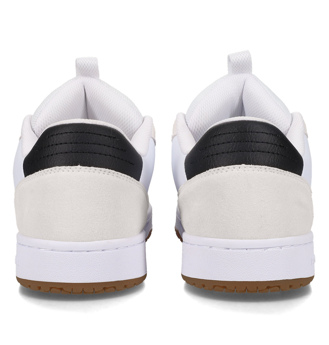 A pair of DC Shoes Men’s Astrix skate shoes in white with black and light gray accents, shown from the back to highlight the heel, white midsoles, and brown outsoles—crafted for street skateboarding and designed to deliver total board control.