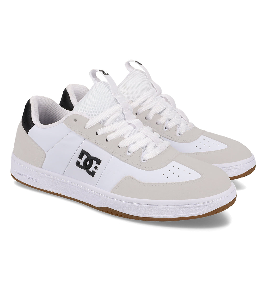 A pair of DC Shoes Men’s Astrix skate shoes in white, featuring gray accents, black heel detailing, white laces, and a gum-colored sole, are positioned side by side against a plain background—ideal for street skateboarding and offering the board control you need.