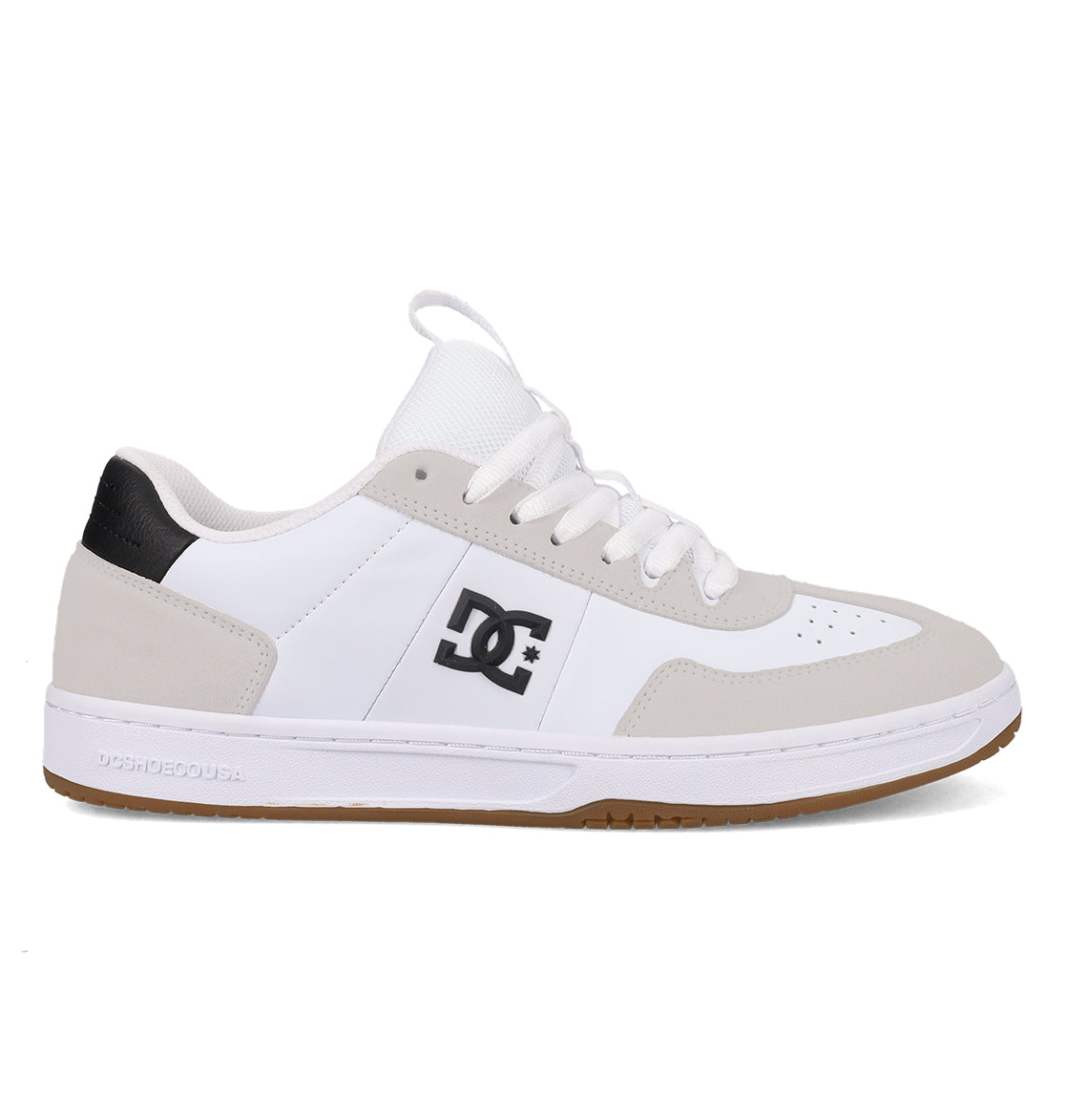 The DC Shoes Men’s Astrix Shoes are white and gray skate shoes designed for street skateboarding, featuring a black DC logo on the side, a gum sole for enhanced board control, and white laces, shown in a side profile view.