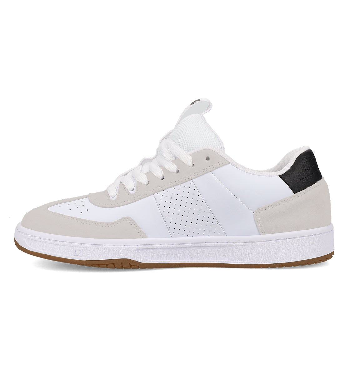 Introducing the Men’s Astrix Shoes from DC Shoes—a low-top skate shoe featuring a crisp white upper with light gray suede accents, perforated side panel for enhanced breathability, white laces, a contrasting black heel tab, and a gum rubber sole engineered for superior board control. Shown here in a left-facing side profile, these shoes are perfect for street skateboarding sessions.