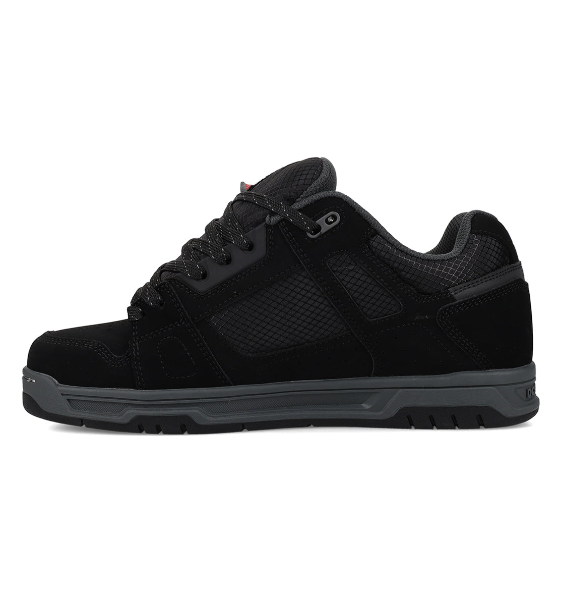The Men’s Stag Winterized Shoes by DC Shoes are black low-top athletic shoes featuring mesh panels, a textured sole, and black laces. Displayed in a side profile on a white background, they are designed with lightweight cushioning to deliver enhanced comfort with every step.