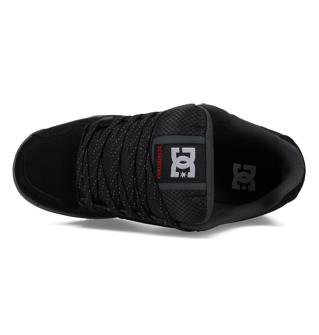 Top view of the Men’s Stag Winterized Shoes by DC Shoes, featuring black-and-white speckled laces, a mesh-textured tongue with a DC Shoes logo label at the top. The interior is black with padded sides for comfort and includes lightweight cushioning for enhanced impact absorption.