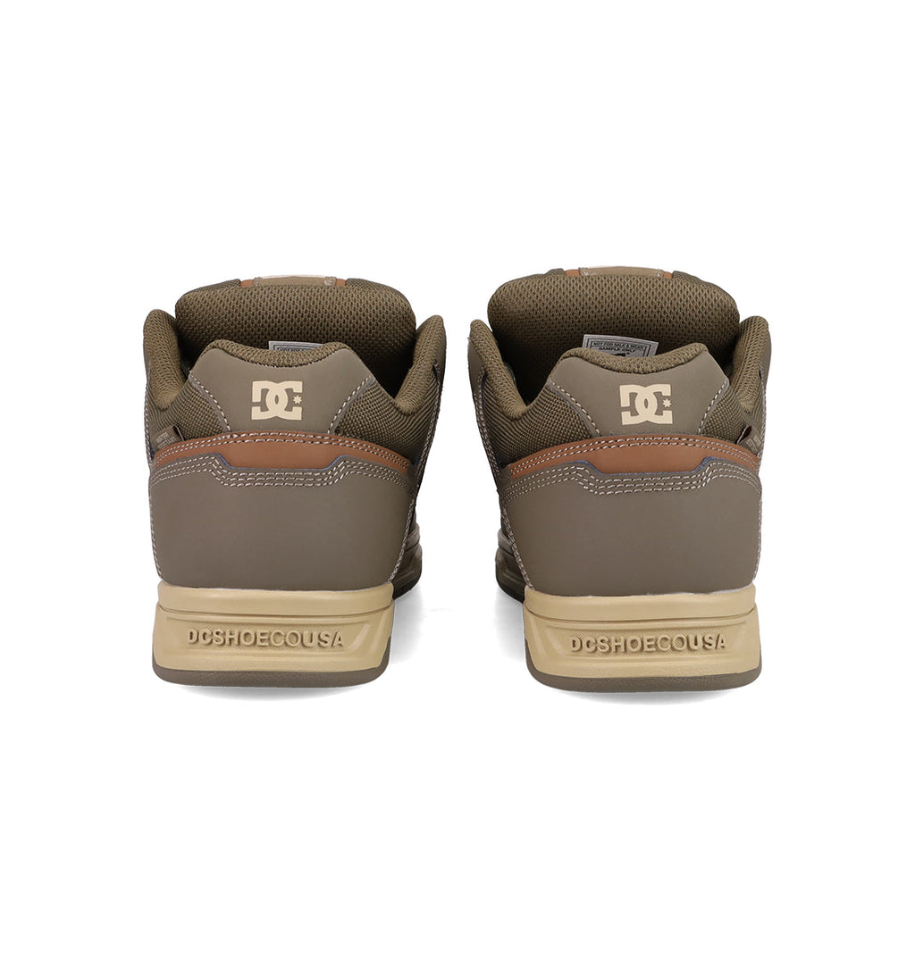 The Men's Stag Shoes by DC Shoes are shown from the back, featuring the DC Shoes logo on the heels, “DCSHOECOUSA” text on the soles, and tan and brown detailing with classic skate-inspired cupsole construction.