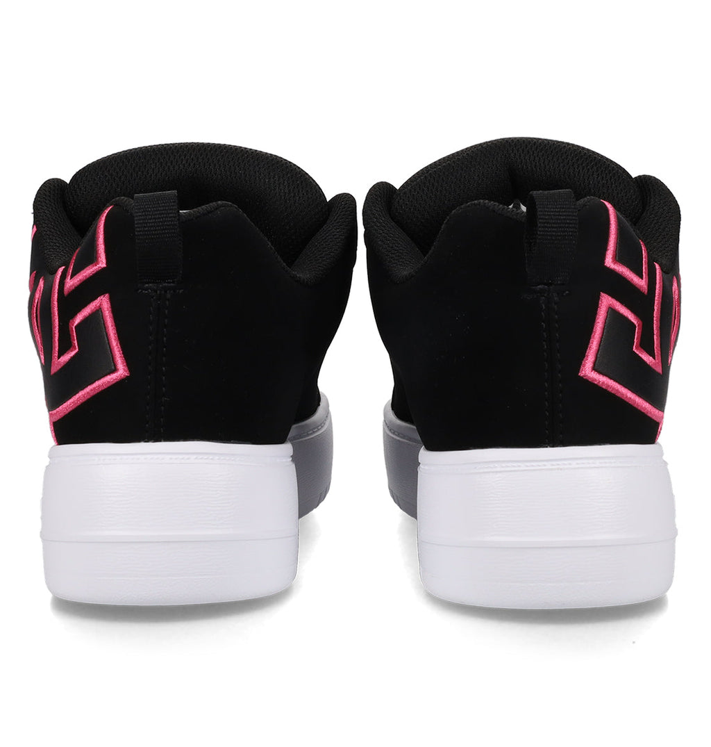 Back view of a pair of Women’s Court Graffik Platform Shoes by DC Shoes in black, showcasing thick white soles and pink geometric designs on the heels, arranged side by side on a white background.