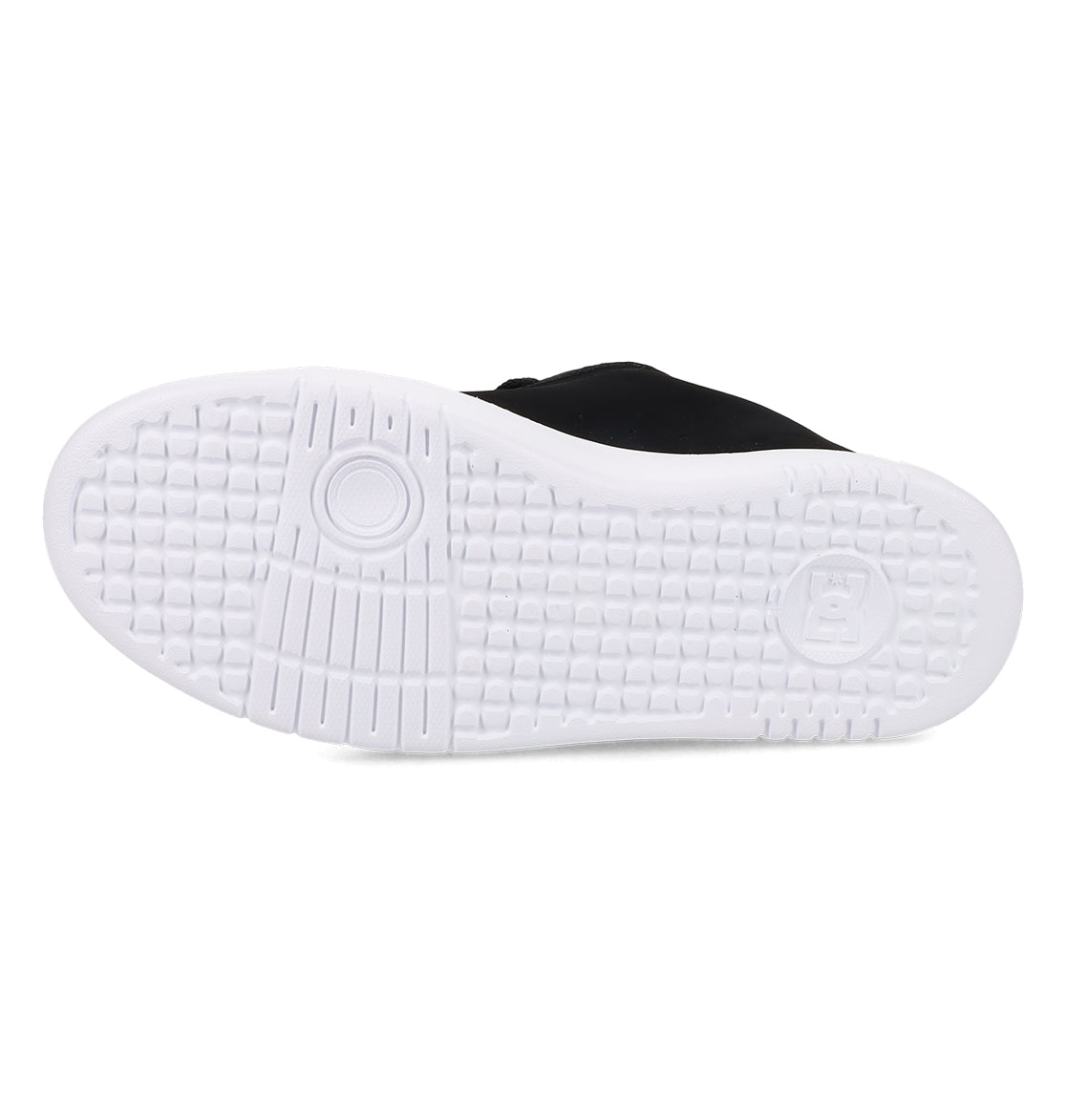 The image displays the bottom view of a black DC Shoes Women’s Court Graffik Platform Shoe, highlighting its white rubber sole with a circular pattern and textured grid design for enhanced traction. This popular women’s style is known for its bold appearance and reliable grip.