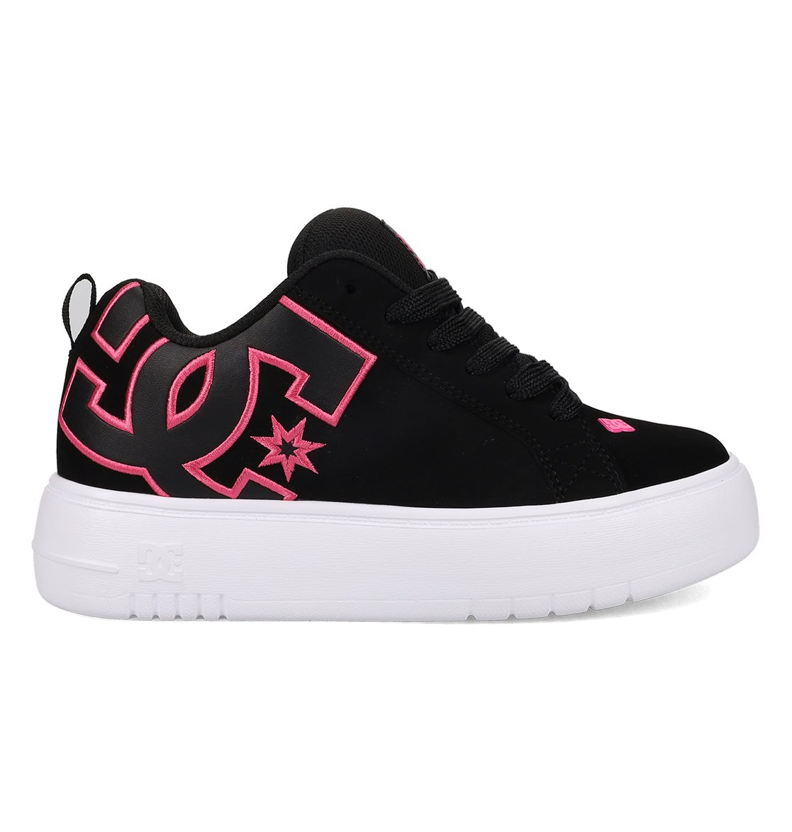 Featuring a thick white sole, black laces, and a bold black upper with a large pink-outlined DC Shoes logo on the side, the Women’s Court Graffik Platform Shoes from DC Shoes are the ideal choice for those seeking women’s footwear that combines iconic design with standout style.
